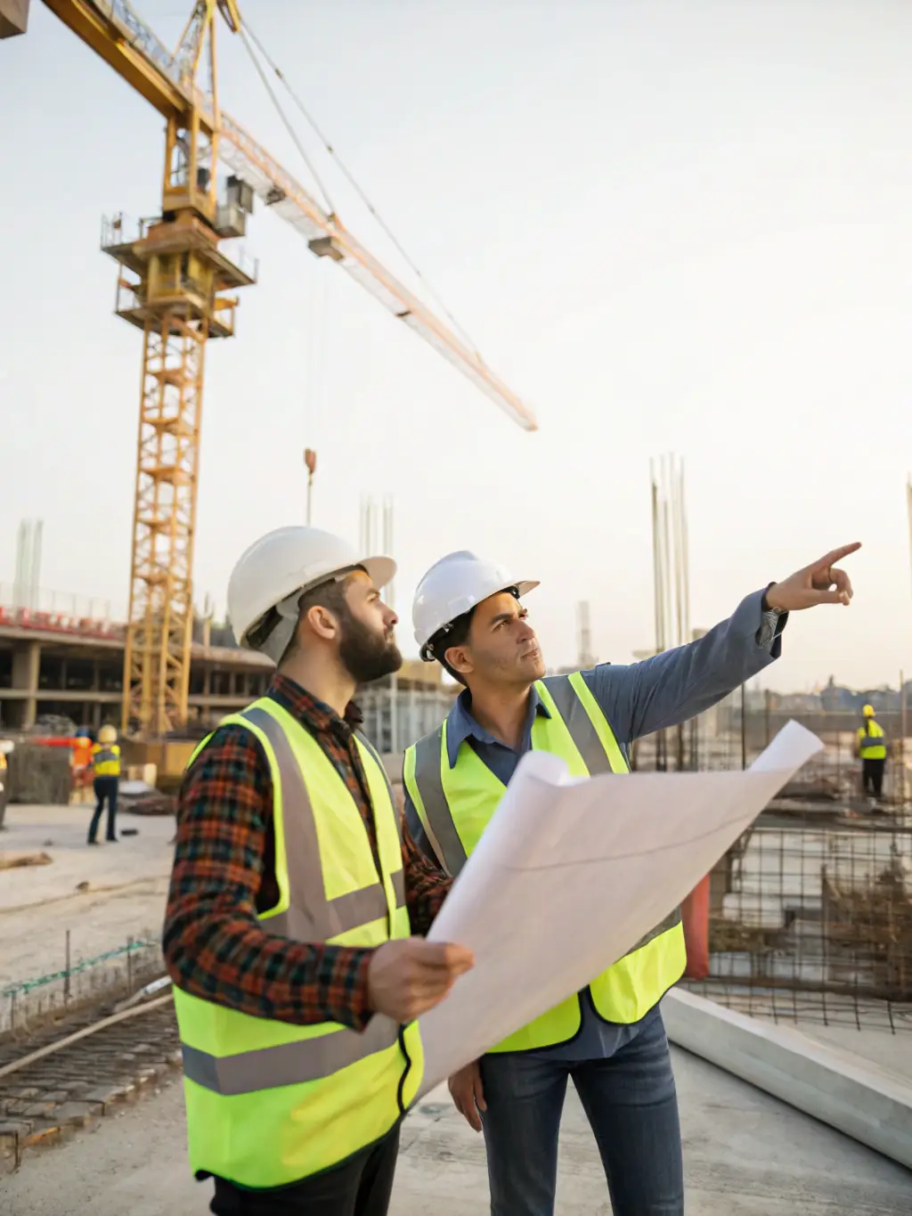 An architect reviewing blueprints with a construction team, showcasing NATALEX ENTERPRISE INC's professional design capabilities.
