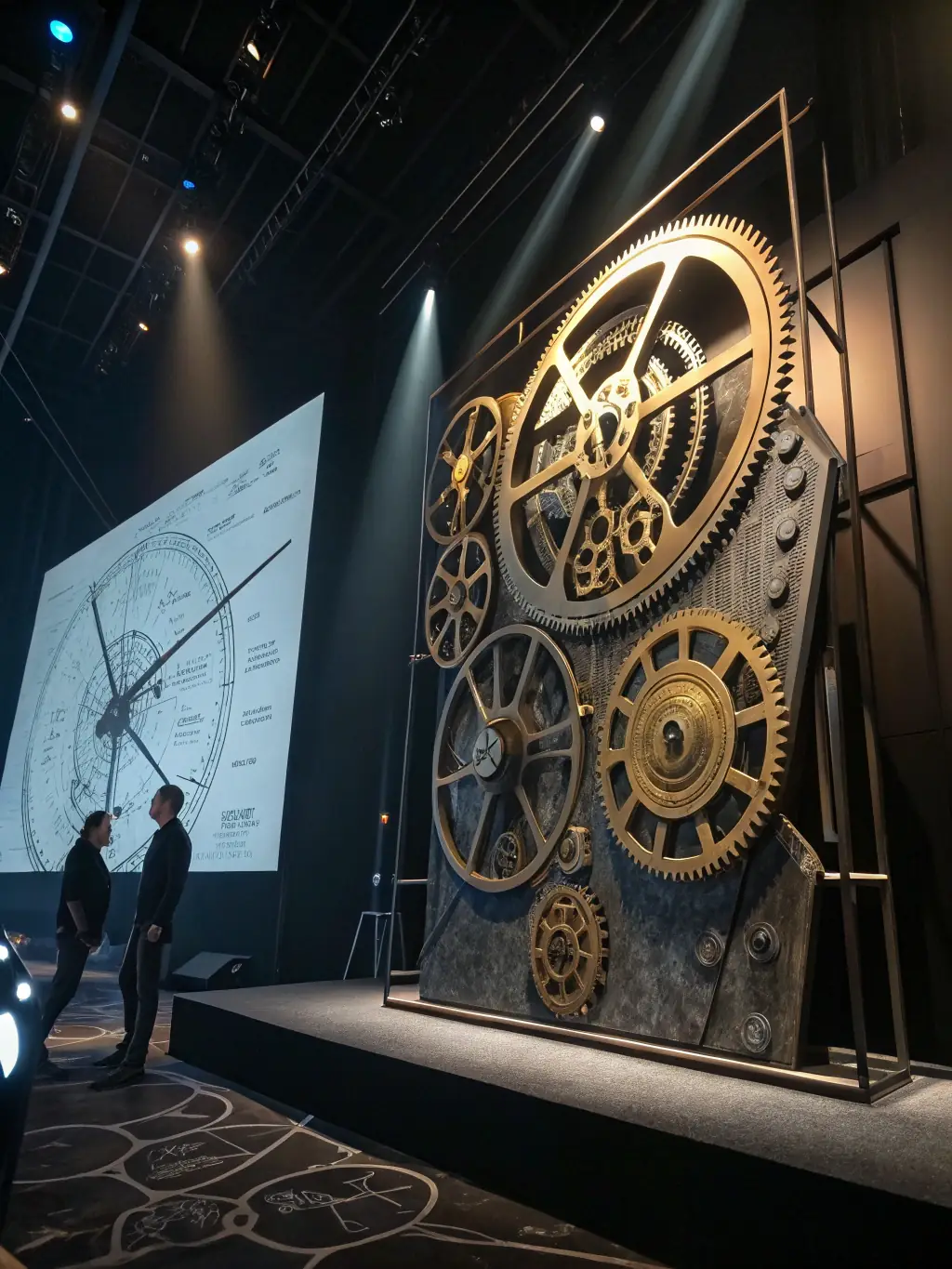 A detailed engineering schematic of a complex mechanical system, highlighting its intricate components, precise measurements, and innovative design features, set against a backdrop of a manufacturing plant.